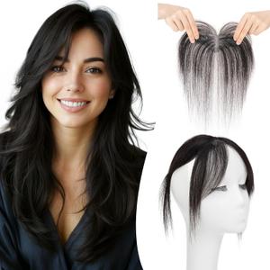 Clip in Bangs Real Human Hair, Human Hair Clip in Bangs, Middle Part HairPieces, No Tangle & Smooth, 11g #1B Natural Black (5x12 Side Bangs)