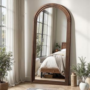 Delma Arched Full Length Floor Mirror with Stand, 55x24 Rustic Farmhouse Solid Wood Frame Wall Mirror for Bedroom, Living Room, Vertical Hanging & Standing(Brown)