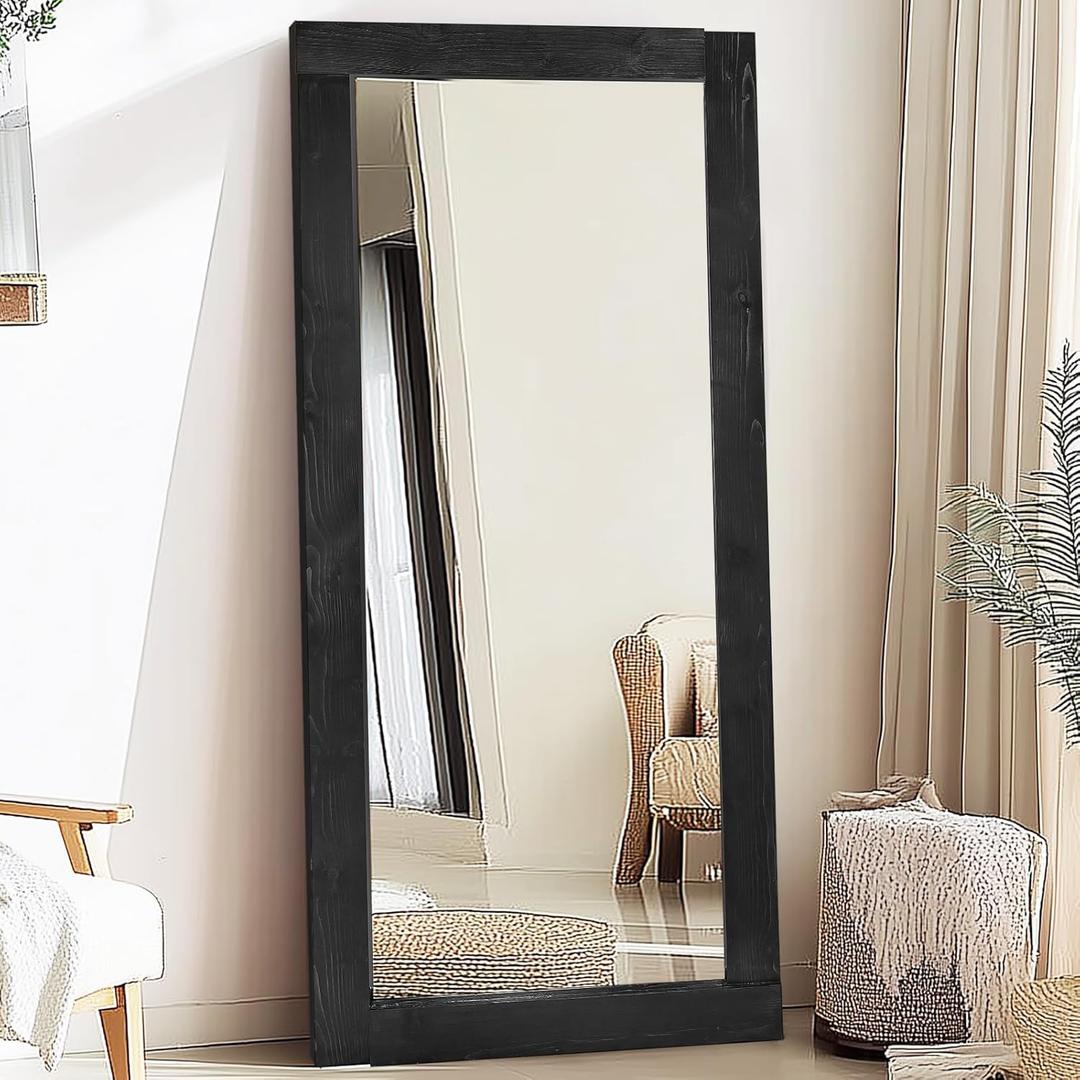 Full Length Mirror 71"x32"  Solid Wood Frame, HD Tempered Glass, Wall Mounted & Leaning, Rustic Modern Decor for Bedroom, Living Room, Entryway, Black