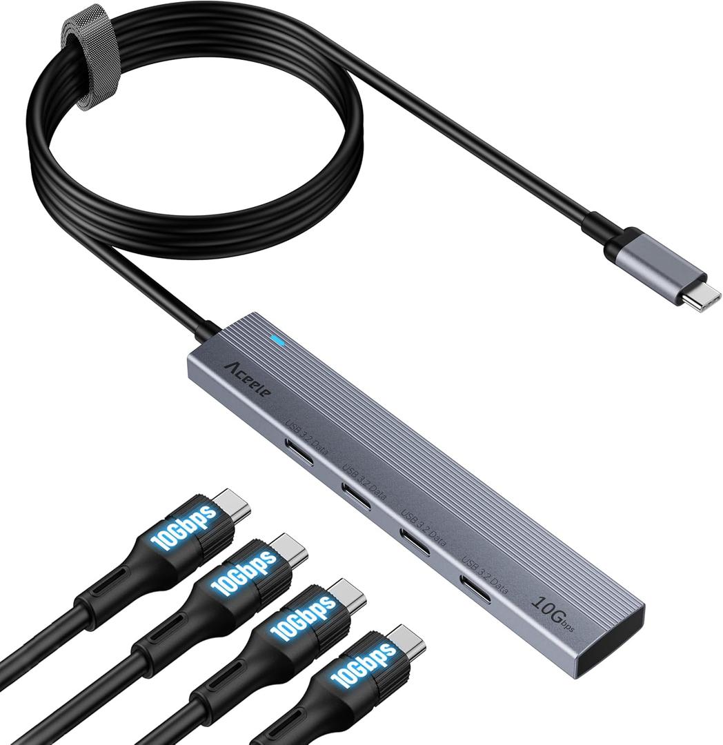 Aceele USB C Hub 10Gbps, 4 Port USB 3.2 Gen 2 Hub, USBC to USB-C Hub with 60cm/2ft Long Extension Cable, USBC Adapter Data Hub for MacBook Pro, MacBook, Samsung Chromebook and More