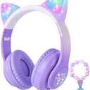 Cat Ear Kids Headphones Bluetooth, LED Light up Wireless/Wired Mode Over Ear Headphones with Build in Microphone for School/Travel (Purple)