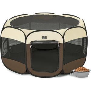 Dog Playpen for Small Dogs & Puppies, 40.55" Portable Indoor Outdoor Puppy Playpen with Bowl, Waterproof Floor, Foldable Pop-Up Pet Pen for Home, Travel & Daily Use, Brown+Beige