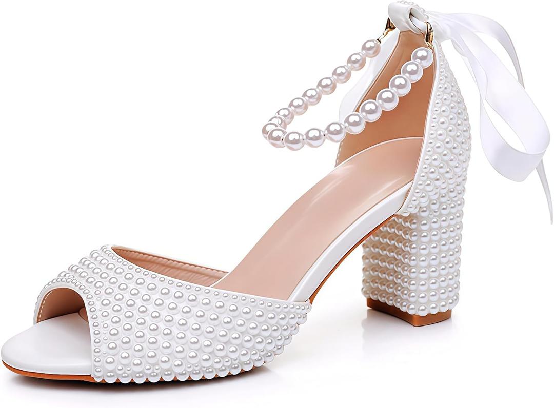 Goolita Pearl Heels For Women Mid Block Ankle Strap Heeled Sandals Round Open Toe Party Evening Bridal Shoes For Wedding (Size 8.5)