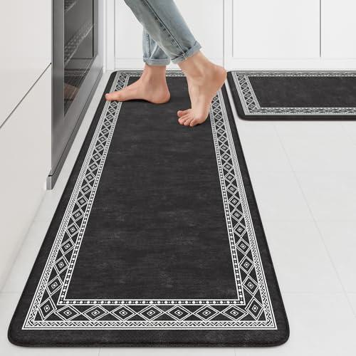 KIMODE Anti Fatigue Kitchen Mats 17"x47"+17"x29", Farmhouse Kitchen Rugs Sets of 2, Cushioned Non Skid Kitchen Mats for Floor, Comfort Kitchen Floor Mats for Sink Laundry Desk Black