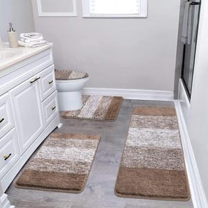 Bsmathom Bathroom Rugs Sets 4 Piece with Toilet Lid Cover, Non-Slip Bathroom Rugs and Mats Sets, Absorbent Bath Rugs Microfiber Shaggy Machine Washable Bath Rug Set, Coffee (18"x26"+18"x48"+U20"x24"+Cover19"x21")