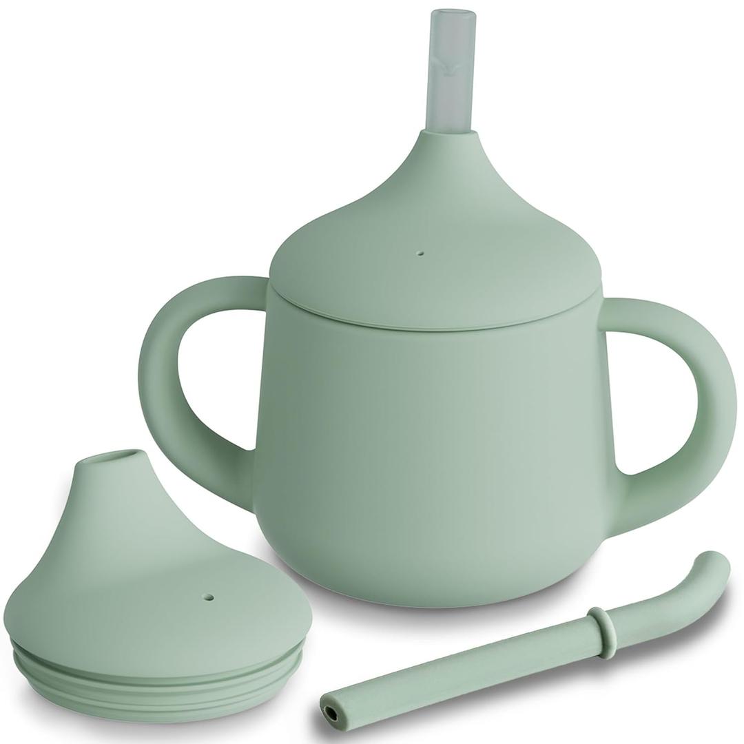 Moonkie Silicone Baby Sippy Cups | 3 Stages Training Cup Straw Cup for Infants Toddlers and Kid | 4 oz 1Pack (Sage)