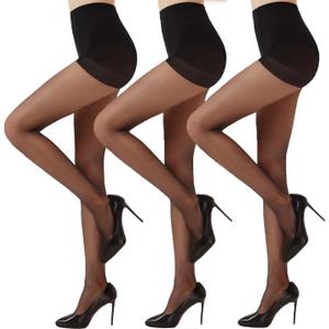 Citystl 3 Pairs Black Sheer Tights for Women - 20D Not Rip Control Top Pantyhose with Reinforced Toes - Resist Tears (Medium)