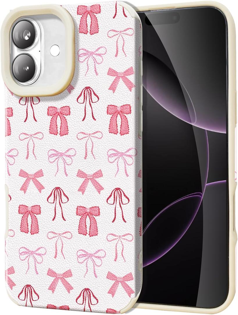 Compatible for iPhone 16 Case Cute Pink Bowknots Shockproof Sweet Leather Phone Cover 6.1 Inch Protective Camera Lens Protection for Women Girls