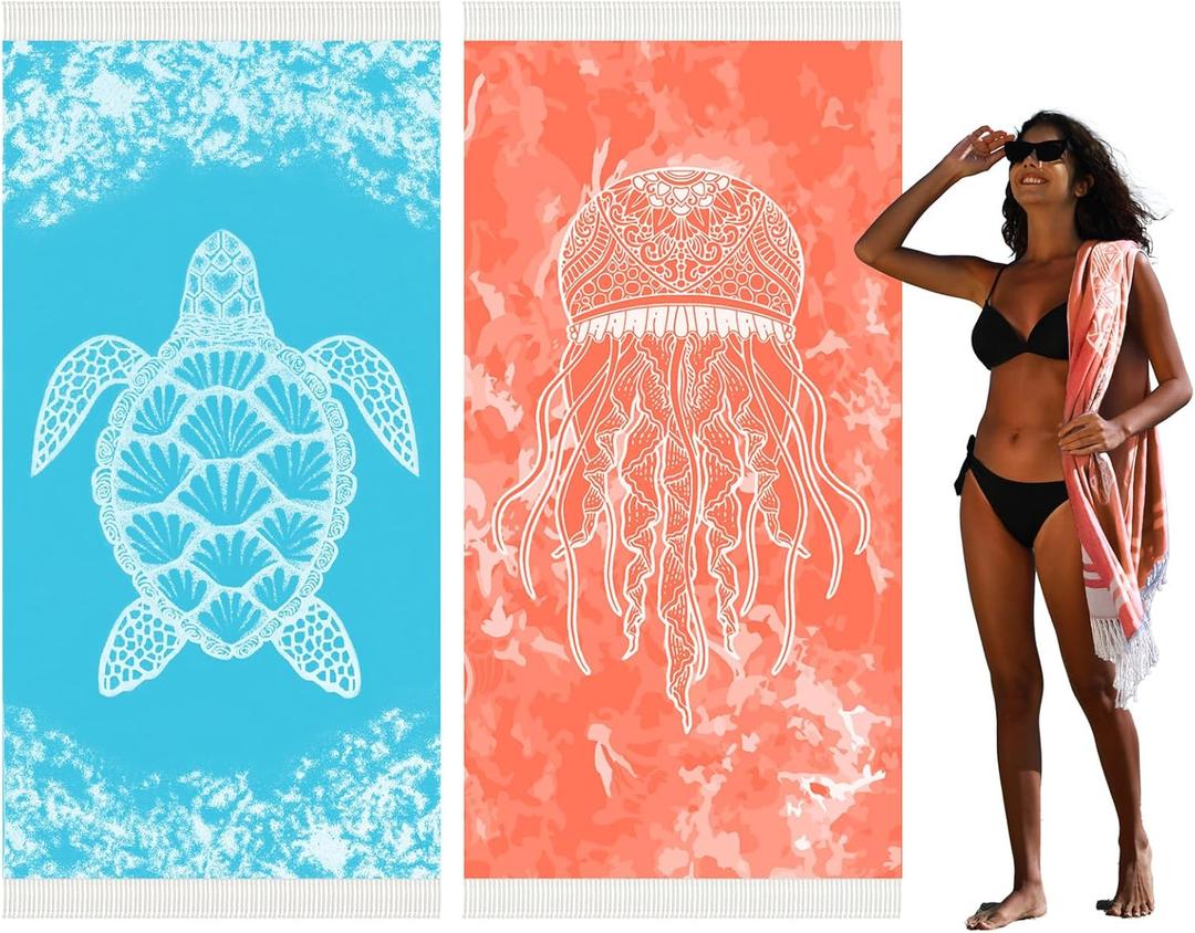 Widdonen Thin Turkish Beach Towel Lightweight Quick Dry Absorbent Cotton Bathroom Bath Pool Swim Towels Extra Large Oversized Sand Free Beach Accessories Essentials Cloud Gifts for Adult (X-Large(79 x 36 Inches,200 x 90 Cm), 2 Pack Blue Turtle Orange Medusa)
