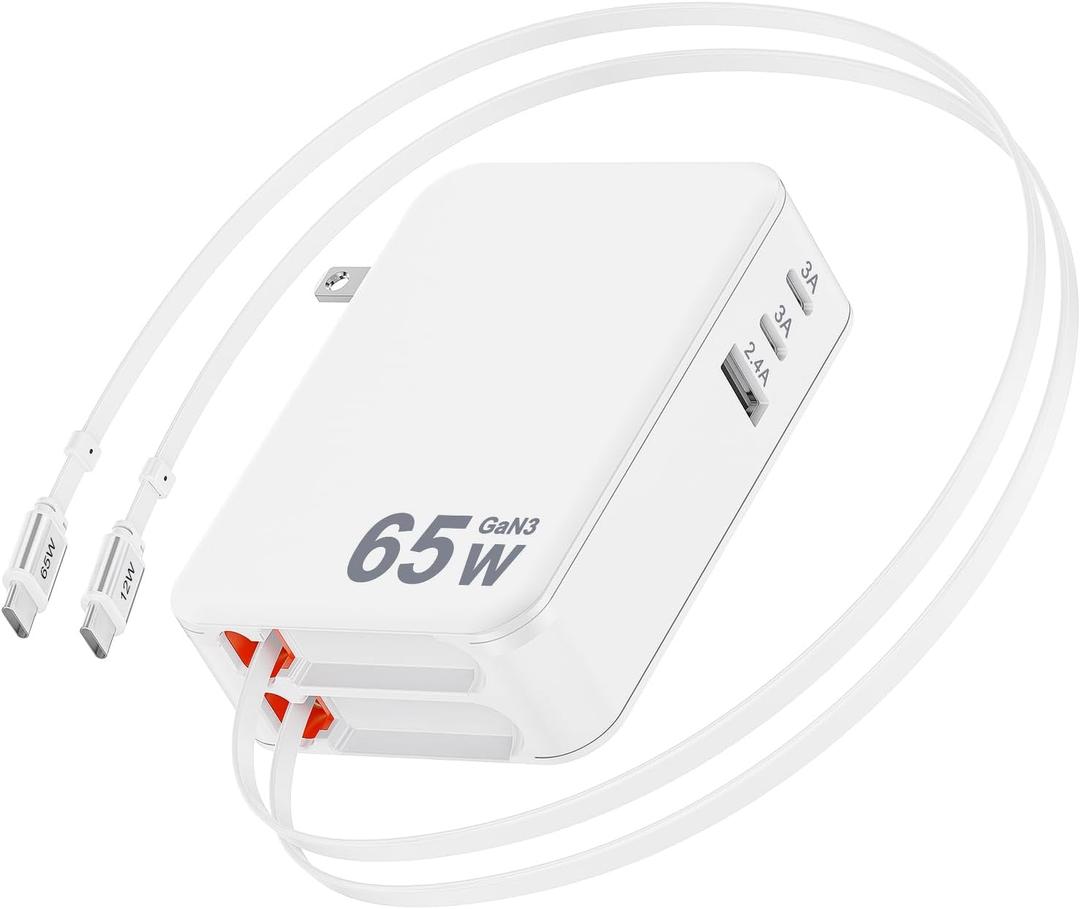 5 in 1 Retractable Wall Charger,65W Retractable Phone Charger Wall Plug with 3 USB Ports, 3.9FT PD USB C Chargers Block Fast Charging for iPhone 17/16/15,MacBook Pro,Galaxy 25 24 23,Pixel