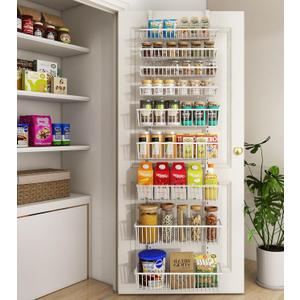 Mefirt White 9-Tier Over The Door Pantry Organizer, Pantry Organization and Storage, Deep Baskets Hanging Heavy-Duty Metal, Wall Spice Rack Seasoning Shelves for Home & Kitchen, Laundry Room Bathroom (6.69"D x 16.54"W x 74.8"H)
