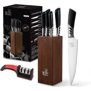 Knife Block Set, 7 Piece Cooking Knife Set, Premium Kitchen Knife Set with Knife Block and Sharpener, Hardwood Brown Knife SetNew Apartment Gift
