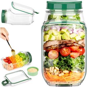 Side Open Portable Salad Container, Leakproof Meal Preparation Container with Dressing Compartment for Travel Office Lunch Jar Set