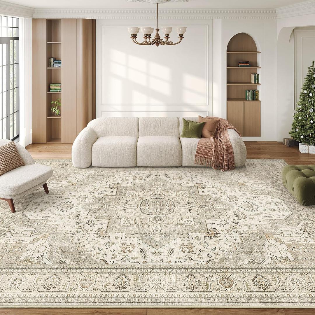 Washable Rugs 8x10 Area Rugs for Living Room, Bedroom, Office, Ultra-Thin Anti Slip Backing Rug, Super-Soft Vintage Large Area Rug, Home Decor Farmhouse Rugs (Ivory/Beige, 8'x10')