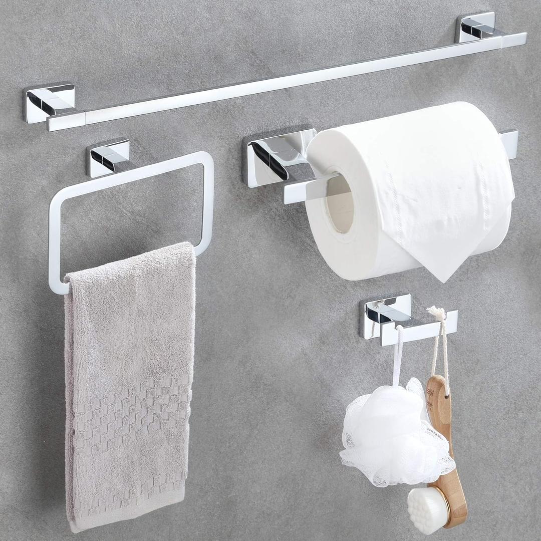 GERUIKE 4 Piece Bathroom Hardware Accessories Set,Chrome Stainless Steel Towel Bar Sets Wall Mounted - Includes 18" Towel Bar, Square Towel Ring, Toilet Paper Holder, Robe Towel Hook