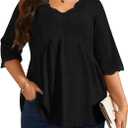 Plus Size Tops for Women 3/4 Lace Sleeve Shirts V Neck Blouses Casual Loose Tunic Tops to Wear with Leggings (XXXL)