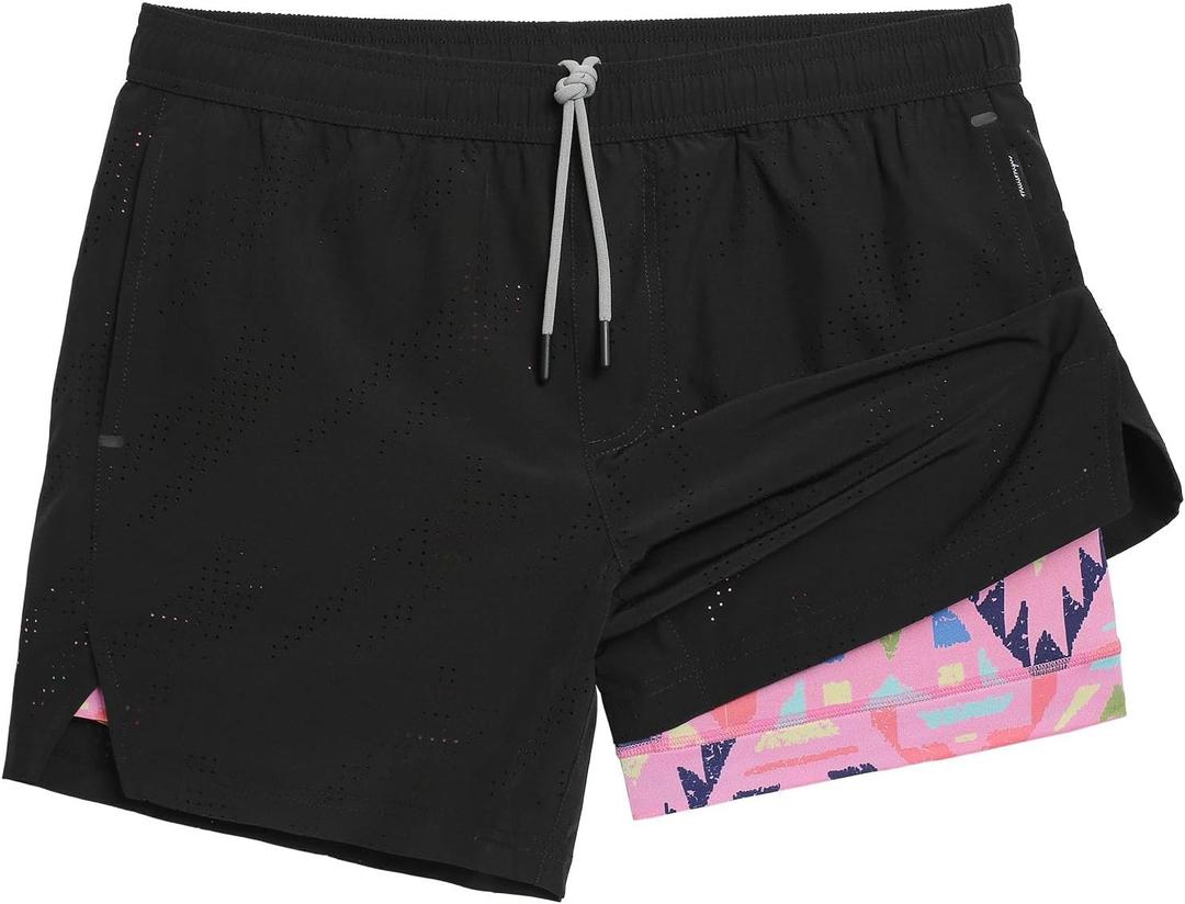 maamgic Mens Running Shorts with Compression Liner 5" Quick Dry Workout Shorts Anti-Chafe Gym Shorts 2 in 1 Athletic Shorts (Small, Black Geometric)