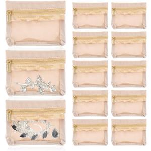 10 Pcs Travel Jewelry Pouch, Beige Transparent Jewelry Travel Organizer Case Non-Woven Fabric Clear Storage Bag with Zipper Portable Storage Bags for Women Necklaces Rings Earrings