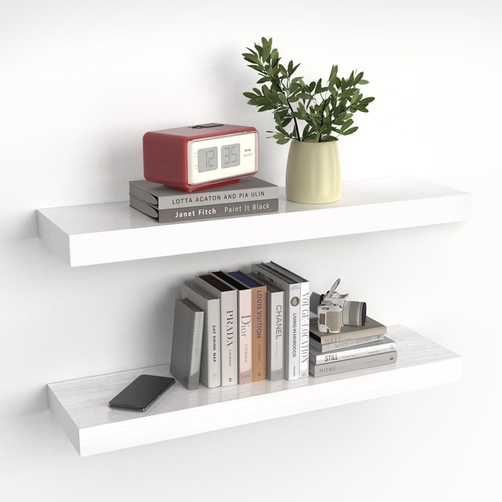 Floating Shelves, Natural Wood Wall Shelf, White Wooden Rustic Decor for Bathroom Kitchen Bedroom, 22.5 inches Hanging Mounted Invisible Bracket, 2 Set