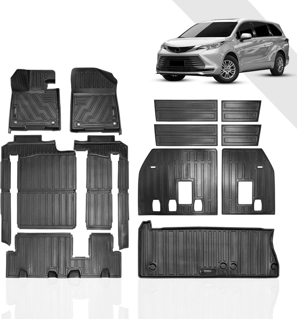 Vanseno Compatible for 2021-2025 8 Seat Toyota Sienna Floor Mats & Cargo Liners & Backrest Mat Full Mats TPE All Weather Mats for 2021-2025 Sienna Accessories (Only for 8 Seater with Spare Tire)