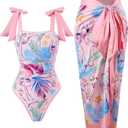 One Piece Bathing Suit for Women with Beach Cover up Wrap Skirt Swimsuit Sarong Retro Floral Print Bikini Set (Pink, XXL)