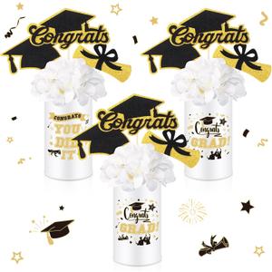 Domensi 3 Sets Graduation Table Centerpiece Decorations White and Gold Class of 2026 Includes 3 Silk Artificial Flower 9 Congrats Grad Sticks Picks Toppers 3 Metal Vases for Home Party Supplies Gifts