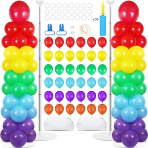 2 Sets Rainbow Balloon Column Stand Kit with 100 Graduation Adjustable Balloons Tower Stand with Bases for Floor Assorted Colors Column for Spring Mother's Day Birthday Wedding Party Decor