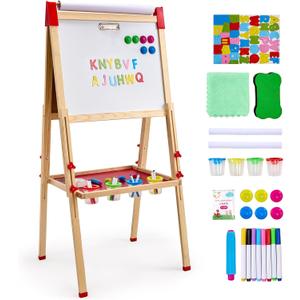 VEVOR Art Easel for Kids, 3-in-1 Wooden Double-Sided Kid's Art Easel with Magnetic Whiteboard, Chalkboard & Paper Roll, Adjustable Standing Drawing Board with Painting Accessories for Boys and Girls