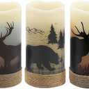 GenSwin Flameless Flickering Led Candles with Hemp Rope and 6H Timer, Battery Operated Set of 3 Real Wax Pillar Rustic Candles Warm Light with Deer, Moose, Bear Decals Decor Christmas Home(D3 x H6) (Deer)