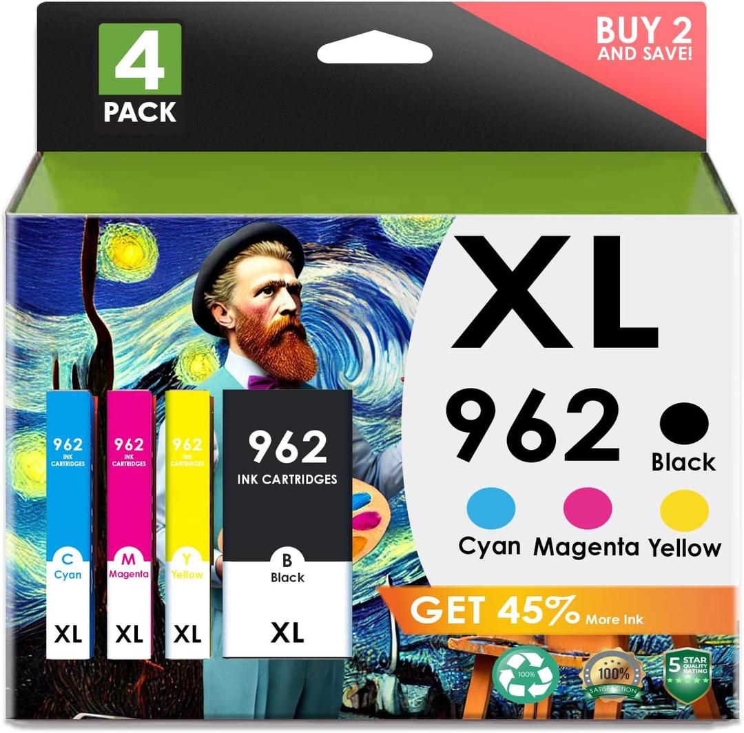 Ink Cartridges HP 962XL. Works with OfficeJet Pro 9028 9029 9010 9015 9018 9025 9020 9012 9026 9027 Printers. 4 Pack 962 (Black, Cyan, Magenta, Yellow)
