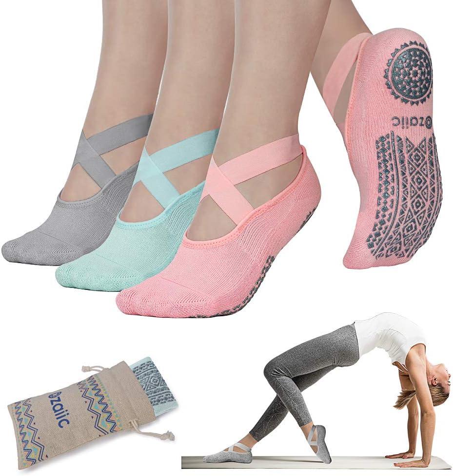 Ozaiic Pilates Socks for Women Non Slip Grip, Yoga Socks with Grippers for Barre, Hospital, Ballet, Dance, Barefoot Workout (One Size, Grey/Green/Pink)
