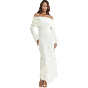 LETSVDO Women's Off The Shoulder Crochet Maxi Dress Long Sleeve Bodycon 3D Floral Knit Mesh Sweater Sexy Party Dresses, S, White