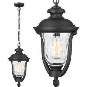 Outdoor Pendant Lights,Modern Exterior Hanging Porch Light,Height Adjustable Outside Hanging Lantern Matte Black Vintage for Enterance,Gazebo, Foyer, Water Ripple Glass Lamp Shade