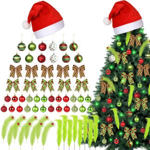 70 Pcs Christmas Tree Ornaments Set Include Christmas Hat Red Lime Green Peppermint Candy Ball Ornaments Xmas Bow Tree Topper Faux Fur Picks Led Lights for Xmas Holiday Decor