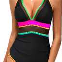 Daci Colorful Black Block Women's One Piece Swimsuits Tummy Control - Neon Color Block Swimwear Sexy Mesh V Neck Athletic Bathing Suit 2026 L (L)