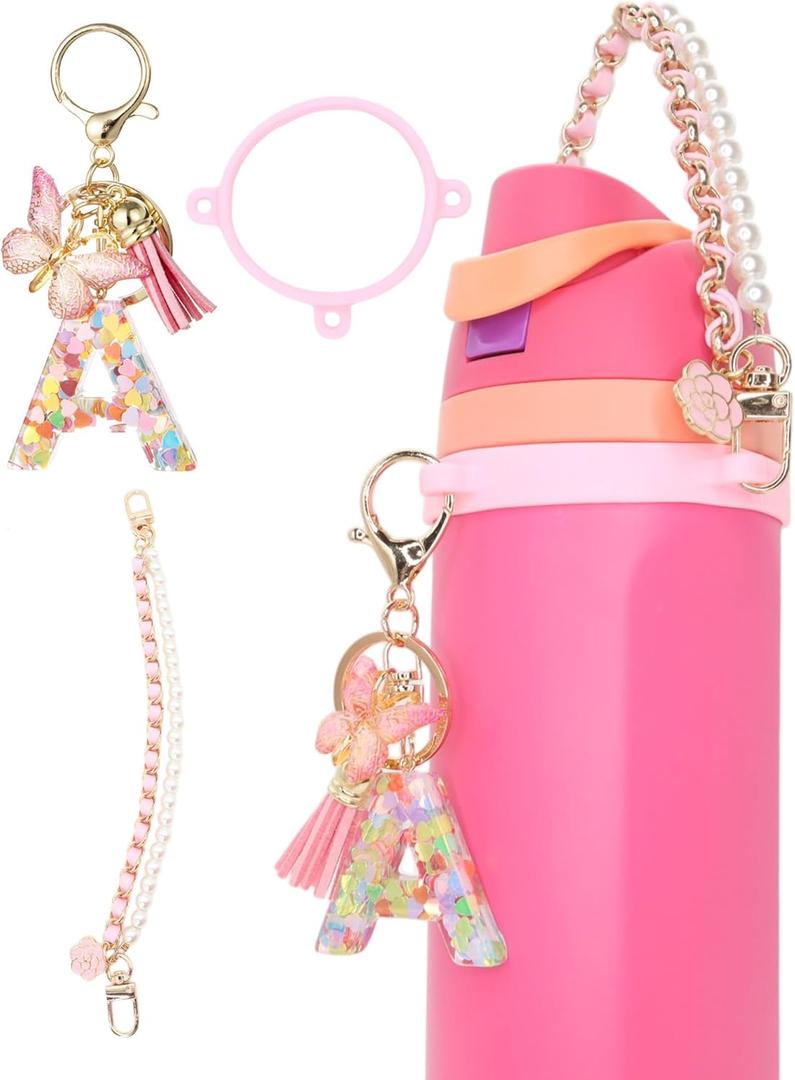TOVICE Letter Accessories for Owala Water Bottle 24-40oz, 3PC Cute Initial Keychain & Water Bottle Handle Strap with a Thick Elastic Silicone Ring Holder (Pink)