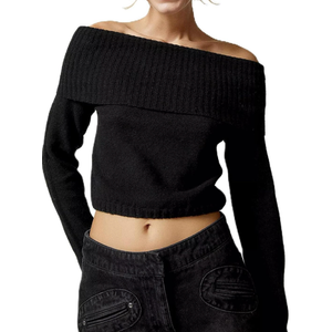 Women Casual Off Shoulder Sweater Long Sleeve Ribbed Knit Crop Top Pullover Slim Fit Irreguar Knitted Cropped Blouse, M