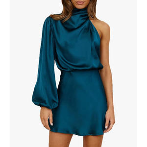 Women's Satin Long Sleeve One Shoulder Mini Dress Silk One Sleeve Turtle Neck Cut Out Cocktail Short Dress for Women Size XL Blue