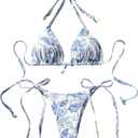 BEAUDRM Women 2 Piece Swimsuit Seashell Print Halter Triangle Thong Boho Seashell Swimwear (Blue, L)