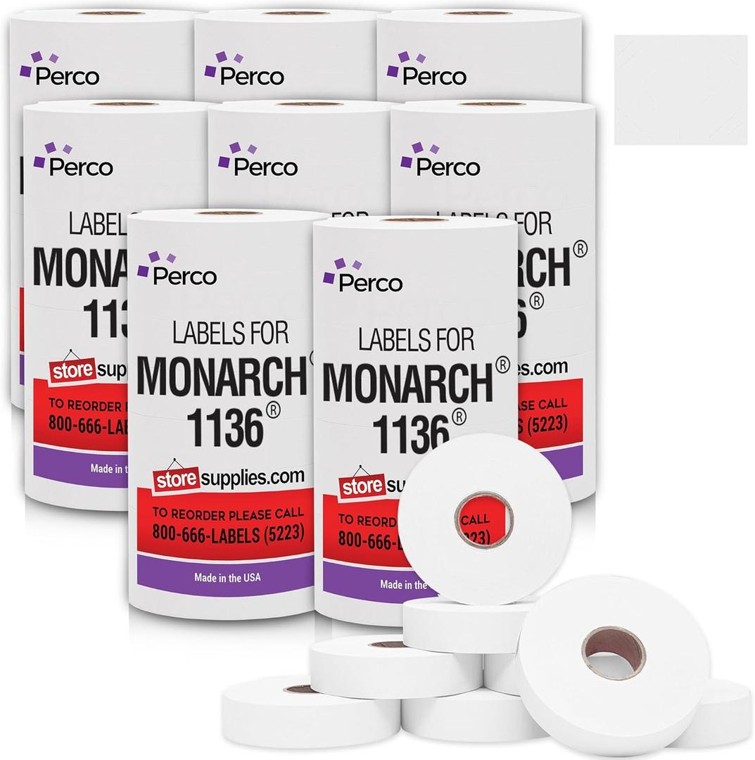 White Pricing Labels for Monarch 1136 Price Gun Case of 8 Sleeves, 64 Rolls Value Pack - 112,000 Price Marking Labels with Ink Rolls Included