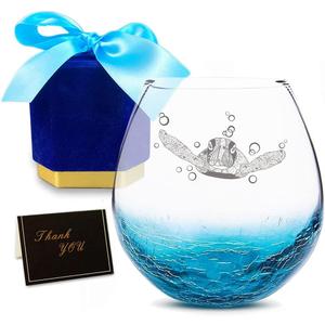 Etchpress Christmas Day Gifts for Mom from Daughter, Tribal Sea Turtle Handmade Engraved Crackle Turquoise Wine Glass for Beach, Gifts for Sea Turtle Lovers Women Men, 18 Ounces