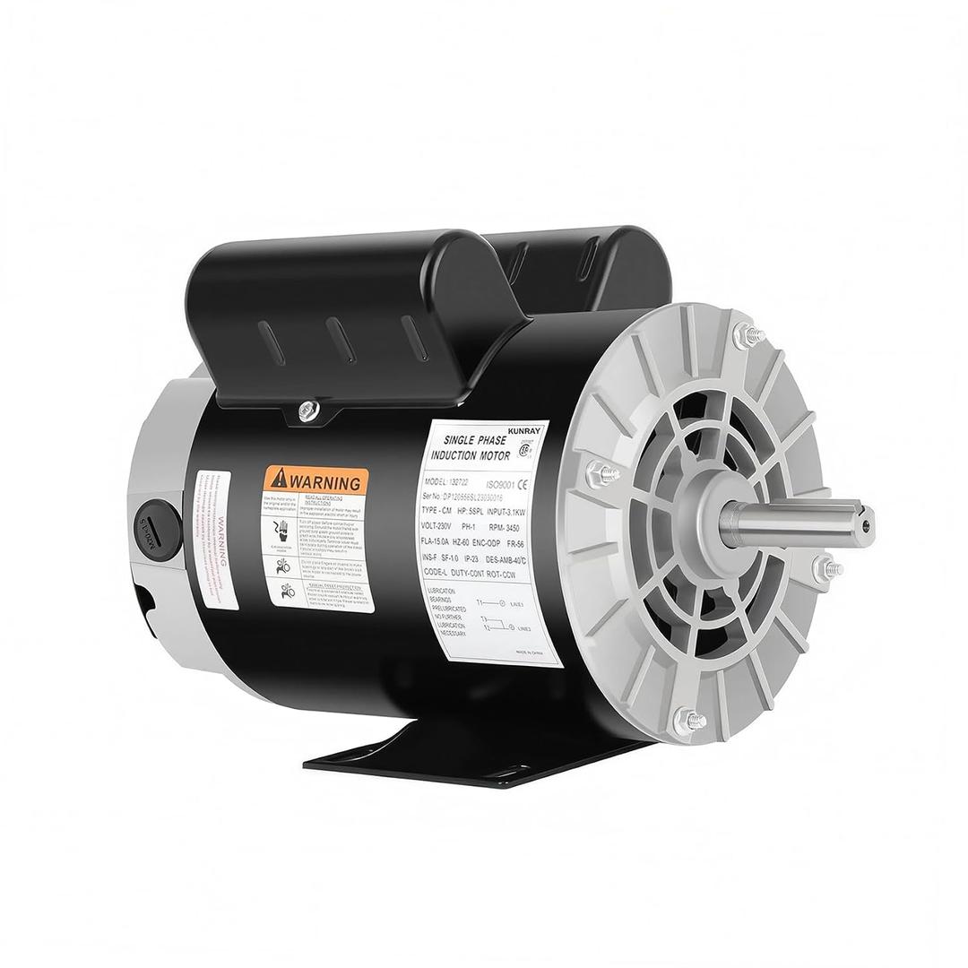 Kunray 5HP SPL Air Compressor Electric Motor, 230V 15Amps, 56 Frame 3450RPM, 5/8" Keyed Shaft, 1.88" Shaft Length for Air Compressors, Single Phase, CW/CCW Rotation