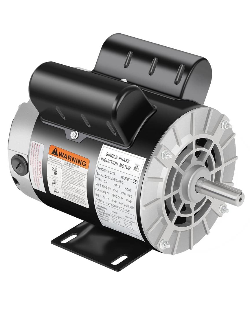 1.5 HP Air Compressor Motor, 3450 RPM Single Phase Motor, Electric Motor, 56 Frame 5/8" Keyed Shaft 115/230V, Duty-Continuous CCW Rotation, 1.88" Shaft Length for Air Compressors