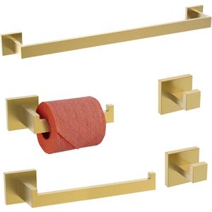 5-Pieces Bathroom Hardware Accessories Set Stainless Steel Brushed Gold Towel Bar Holder Sets, Wall Mounted
