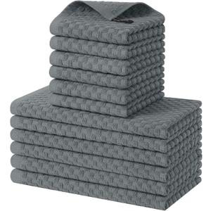 Homaxy 100% Cotton Kitchen Towels and Dishcloths Set, 12 x 12 & 15 x 25 Inches, Set of 12 Bulk Terry Cloth Dish Towels, Super Soft and Absorbent Hand Towel with Hanging Loop, Dark Grey