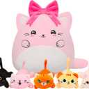 Cat with 5 babies Stuffed Animals - 15 Inch Cats Mommy with Small Babies Plush Inside 6-Piece Cute Realistic Cat Plushies Machine Wash Interactive Adopt Toy Toddler Girls Boys 0-8 Kids Birthdays Gift