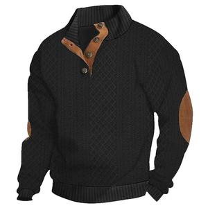 QOSOQ Men's Casual Sweatshirt Pullover Sweater Casual Long Sleeve Stand Collar Quarter Button Sweaters Black, Size L