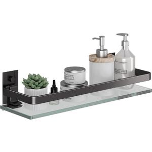 Danpoo Clear Tempered Glass Wall Shelf, Wall-Mounted Organizer for Bathroom, Kitchen(Matte Black)