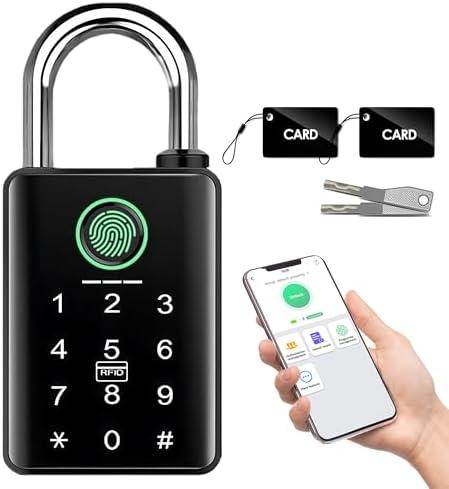 YINTIN Heavy Duty Fingerprint Smart Padlock with Key, 6-in-1 Keyless Entry Lock with Code Keypad, Tuya App, RFID, Digital Combination Lock for Outdoor Gate, Fence, Shed, Pool, Storage Unit, Locker