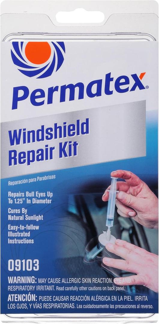 Permatex 09103 Automotive Windshield Repair Kit For Chipped And Cracked Windshields. Permanent Air-Tight Repairs, With Repair Syringe & Plunger, 9-piece Kit (Clear)